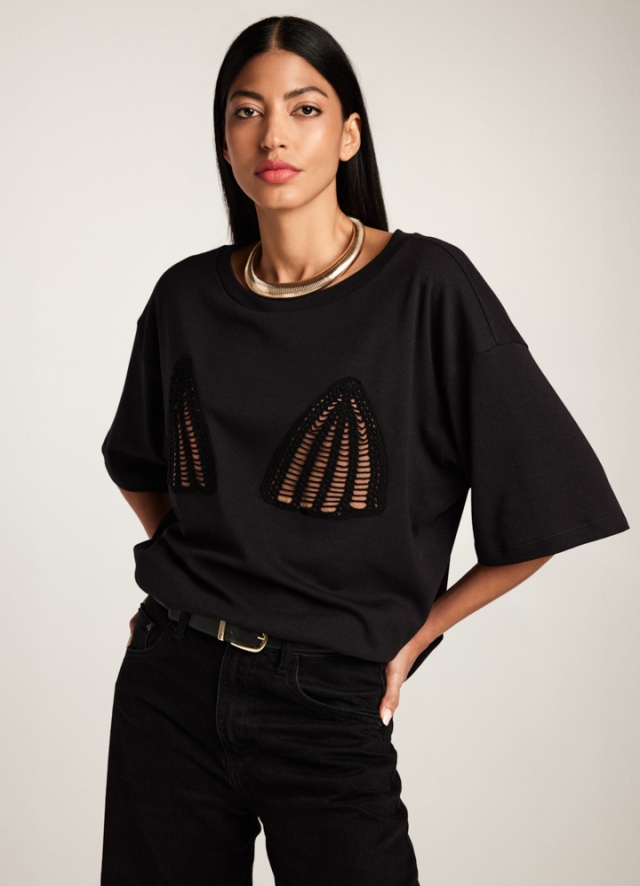 Tricou negru din bumbac cu detalii crosetate pe bust Imani