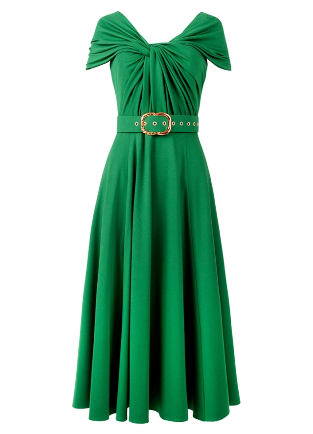 Rochie midi verde din material elastic cu fust ampla si bretele late Spin