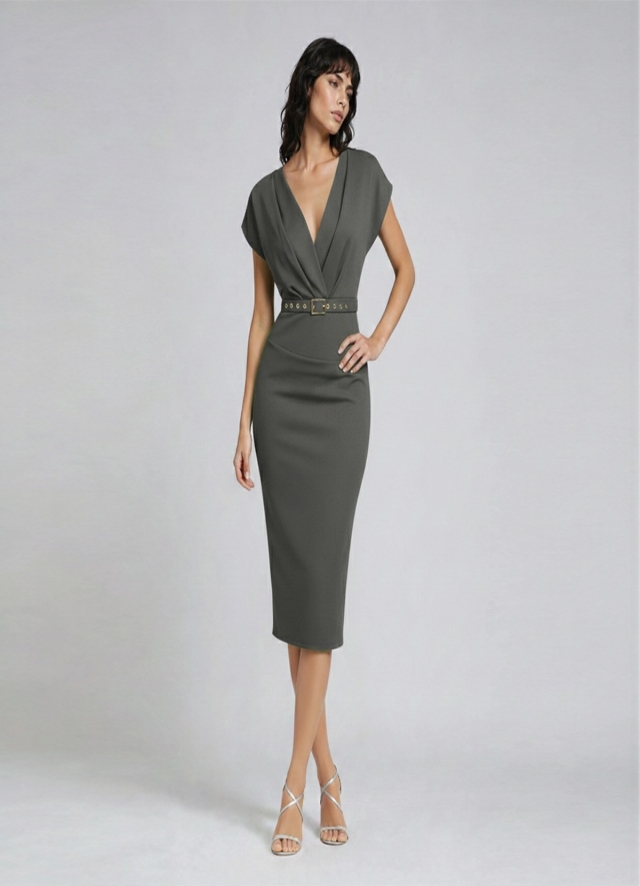 Rochie midi conica gri din vascoza cu decolteu in V si curea asortata Swift