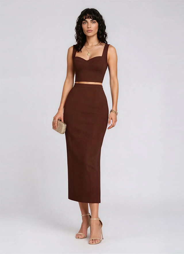 Set maro format din corset cu bretele si fusta midi in clini Moena