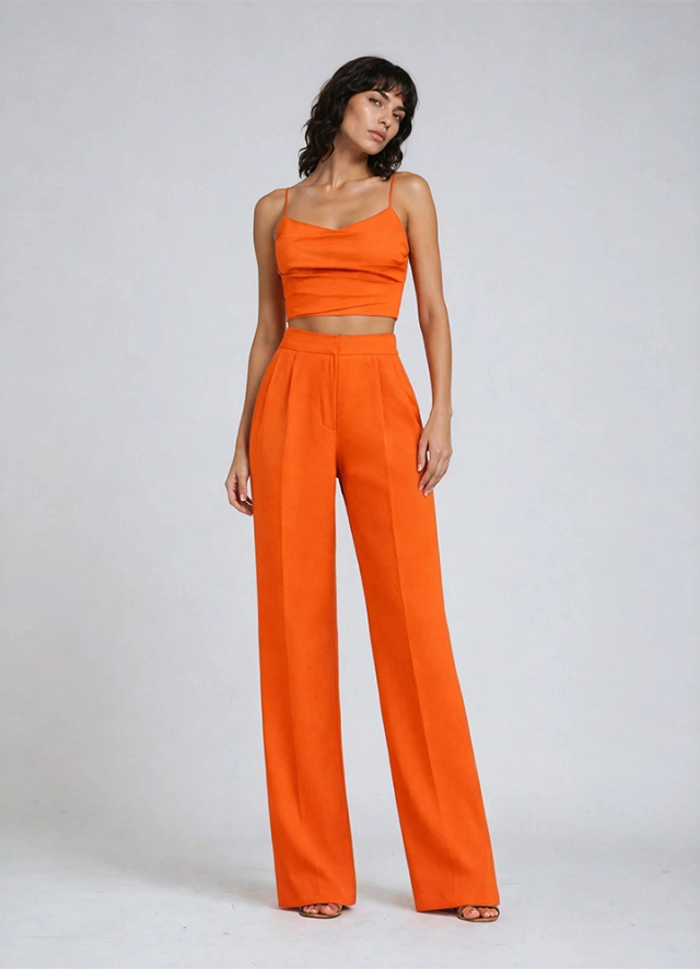 Set portocaliu din in si bambus format din top cu drapaje si pantalon cu talie inalta Petra