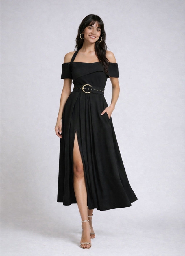 Rochie cocktail midi neagra din in cu decolteu cu bretele dupa gat Chimera