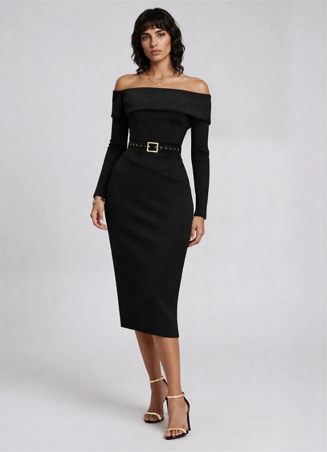 Rochie cocktail midi neagra din lyocell cu decolteu pe umeri Calliope