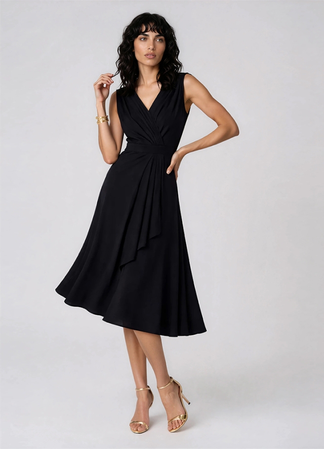 Rochie cocktail midi neagra din matase naturala cu decolteu in V si drapaje Rumba