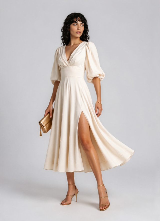 Rochie midi bej din in cu drapaje si maneci bufante Swan