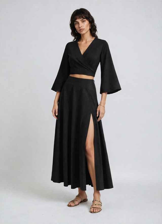 Set negru din panza de bumbac format din bluza petrecuta cu drapaje si fusta ampla Myanmar