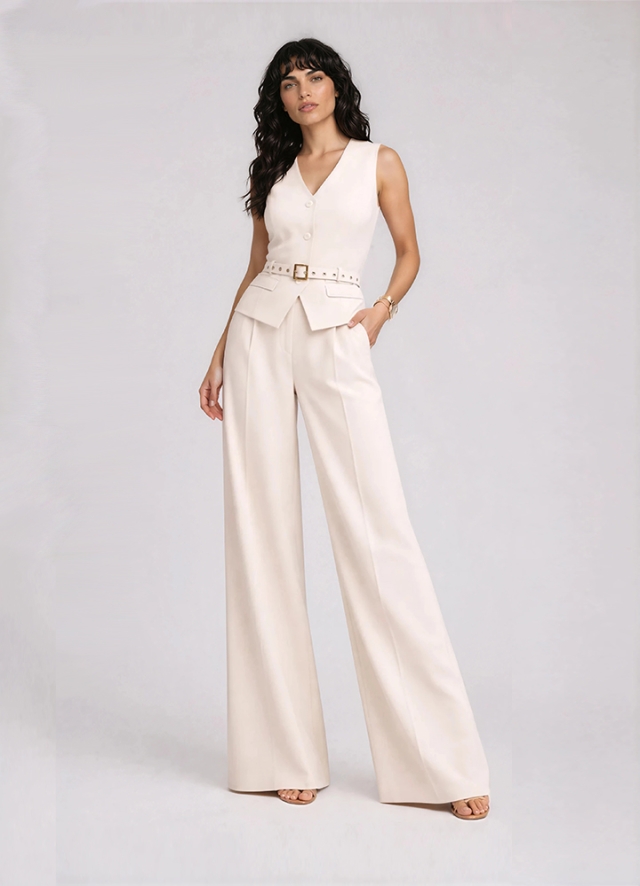 Set ivoire format din vesta si pantaloni drepti cu pense si buzunare Anika
