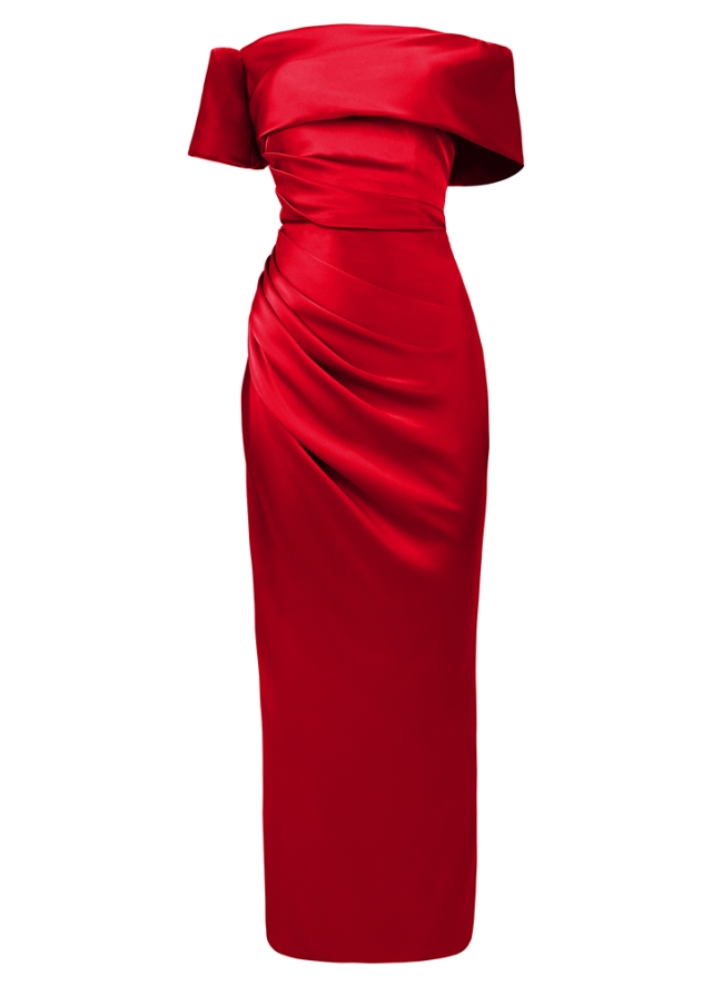 Rochie midi rosie de cocktail cu maneca scurta si slit pe picior Vals