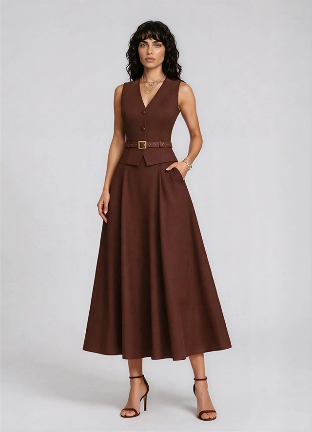 Set maro format din vesta si fusta midi in clini Nairi