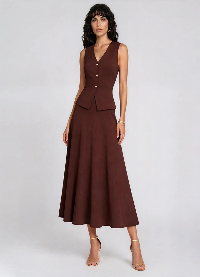 Set maro format din vesta cu nasturi aurii si fusta midi in clini Mikami