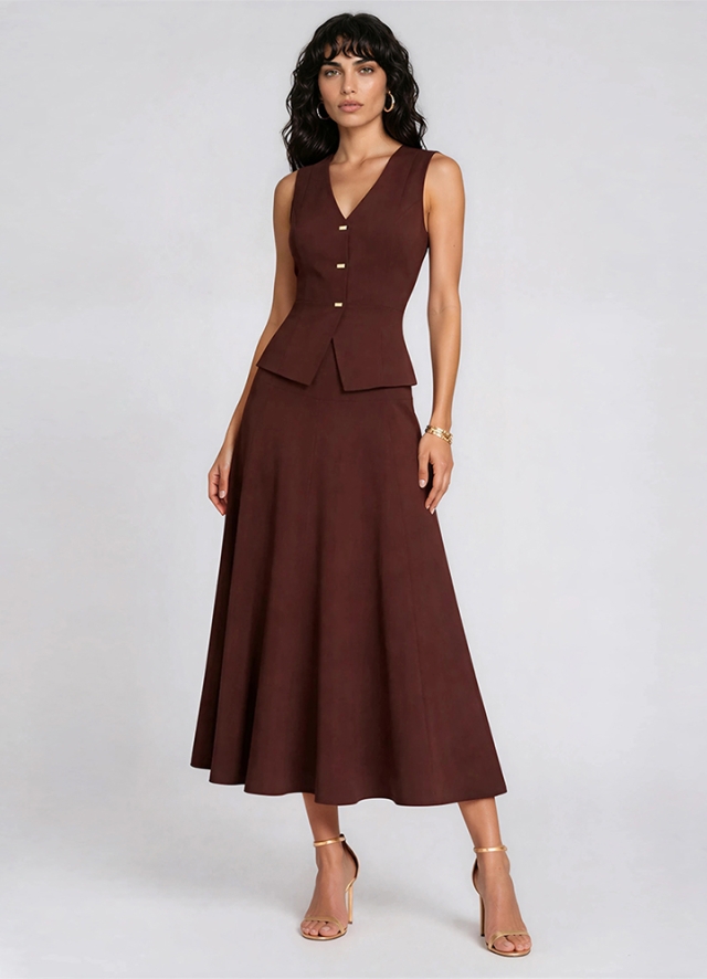 Set maro format din vesta cu nasturi aurii si fusta midi in clini Mikami