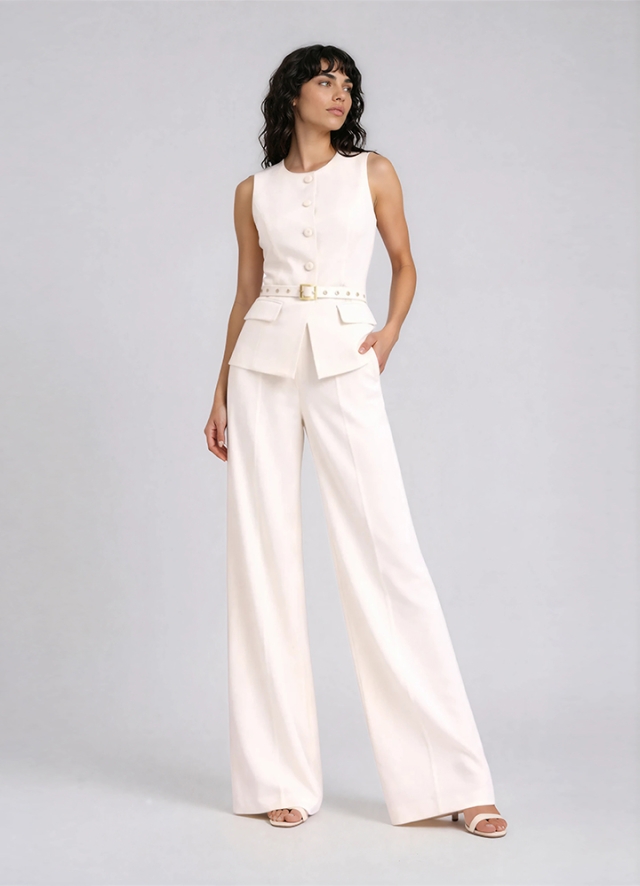 Set ivoire format din vesta si pantaloni drepti cu pense si buzunare Ruya