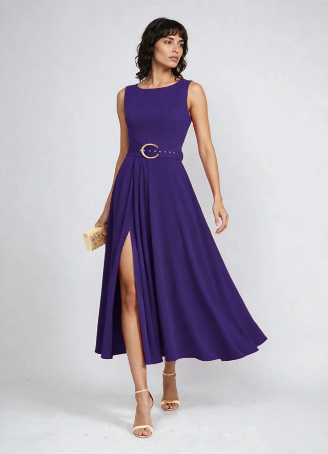 Rochie cocktail midi mov cu buzunare si curea asortata Vienna