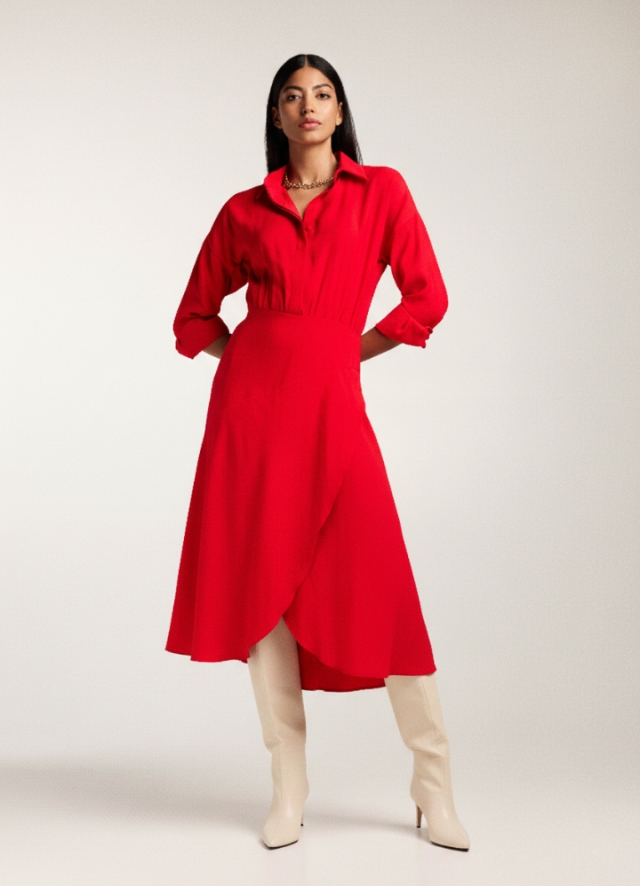 Rochie rosie midi tip camasa cu fusta asimetrica si maneci lungi Yemen