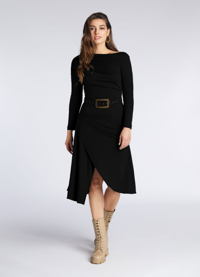 Rochie midi asimetrica neagra cu spate decoltat si curea asortata Zagreb