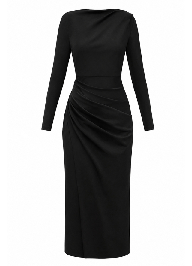 Rochie midi neagra din lyocell cu drapaje Zahara