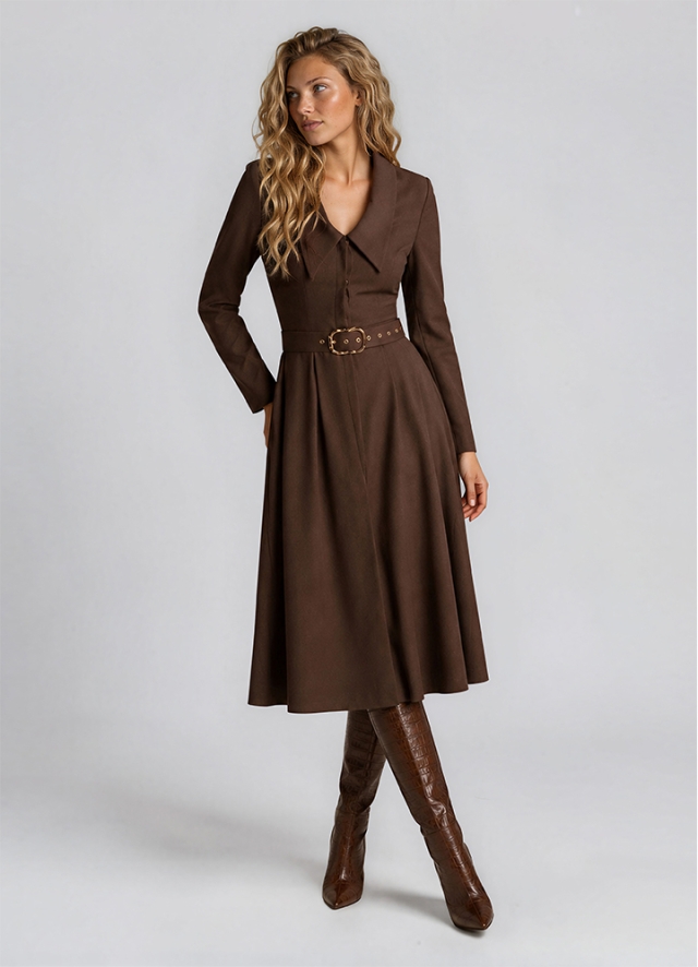 Rochie midi din lana rosie cu croiala evazata si decolteu tip camasa Zircon